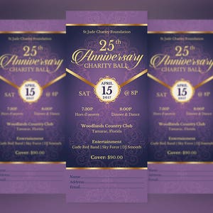 Purple Gold Anniversary Banquet Ticket Template, Word Template, Publisher, Church Anniversary, Gala Event, 3x7 inches image 2