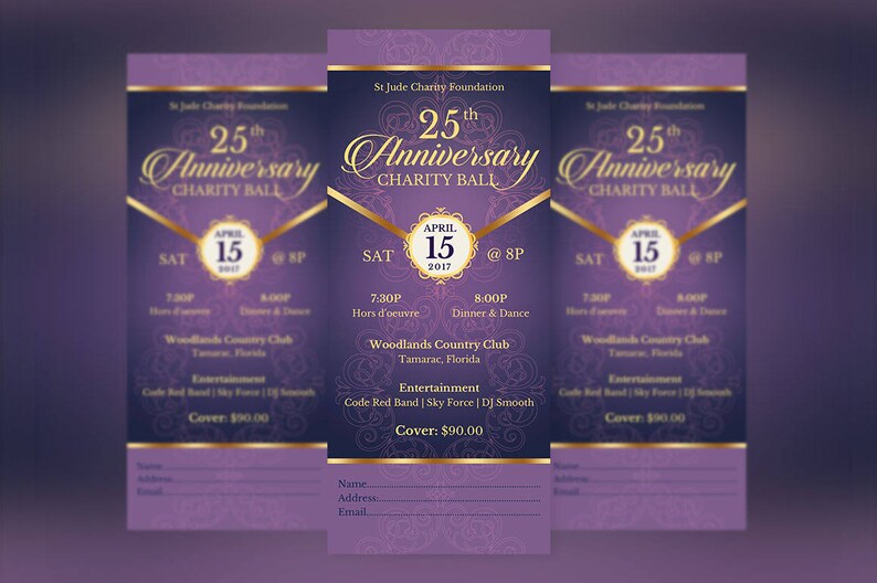 Purple Gold Anniversary Banquet Ticket Template, Word Template, Publisher, Church Anniversary, Gala Event, 3x7 inches image 2