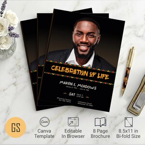 African Funeral Program Template: 8 Page Black Bifold Obituary for Canva (8.5x11) Digital Download