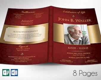 Burgundy Gold Funeral Program Template: Celebration of Life (Digital Download)