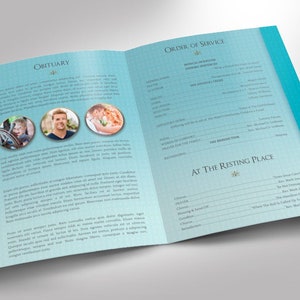 Oceanic Tabloid Funeral Program Template for Word and Publisher has 8 Pages. The celebration of life bi-fold brochure features a vivid ocean with a blue sky. The Print Size of 17x11 inches is Bi-Fold to 8.5x11 inches. An oceanic theme.
