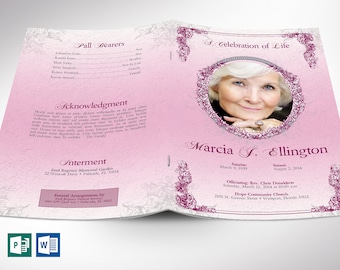 Pink Victorian Funeral Program Template for | Word Template, Publisher | Celebration of Life | 4 Pages | 5.5x8.5 inches