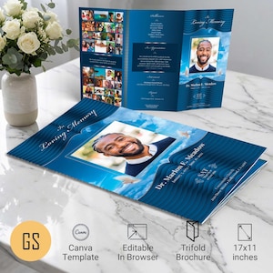 Blue & Silver Waves Funeral Program Template | Canva: Tabloid Trifold Memorial Obituary (11x17) Digital Download