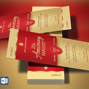 Red Gold Church Anniversary Banquet Ticket Template (Word, 3x6 in, Digital Download)