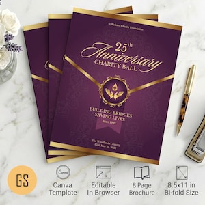 Vintage Purple & Gold Anniversary Program Template | Canva: 8-Page Bifold Gala Booklet (8.5x11) Digital Download