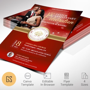 Modèle de flyer anniversaire Pastor rouge et or pour toile (téléchargement numérique)