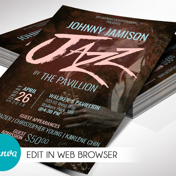 Jazz Music Concert Flyer Template, Canva Template | Jazz Concert, Musical Event, Fundraiser Event | Size 4x6 inches