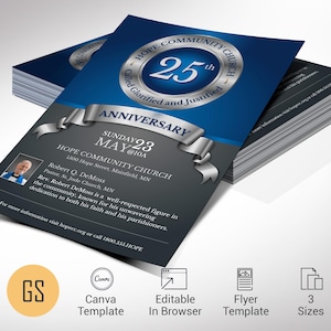 Modèle de Flyer d&#39;anniversaire d&#39;église bleu et argent : élégante invitation à un banquet (modifiable sur toile, téléchargement numérique)