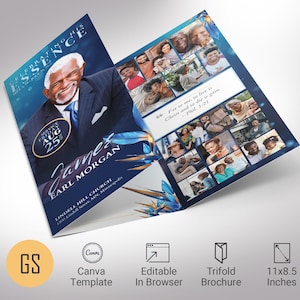Plantilla de programa funerario tríptico azul para Canva, Essence Blue & Gold, imprimible, celebración de la vida, obituario para hombres, tamaño carta 28 x 21,5 cm