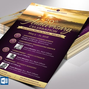 Church Anniversary Flyer Template for Word and Publisher is 5x8 inches. Purple and Gold with a landscape, sunrise and a dove are used to make this an elegant flyer. Banquet invitations and event invites are great for promoting church anniversaries