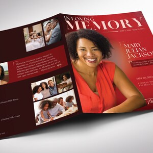 Say goodbye to the traditional, regular funeral program with the Twilight Tabloid Funeral Program Template for Canva (8 pages, 17x11 inches, bifold to 8.5x11 inches). This expressively designed twilight brick red celebration of life bi-fold brochure