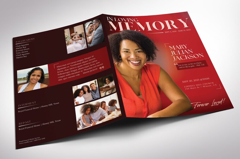 Say goodbye to the traditional, regular funeral program with the Twilight Tabloid Funeral Program Template for Canva (8 pages, 17x11 inches, bifold to 8.5x11 inches). This expressively designed twilight brick red celebration of life bi-fold brochure