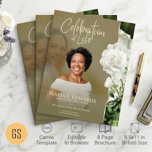May include: A Celebration of Life funeral program brochure template featuring a portrait of a person, white roses, and the text Maria E. Edwards. The document is an 8-page bi-fold design measuring 8.5x11 inches, editable in a web browser via Canva.