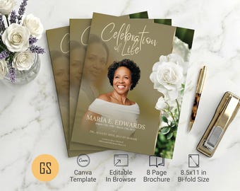 White Rose Funeral Program Template | Canva: 8 Page Tabloid Memorial Obituary (11x17) Digital Download