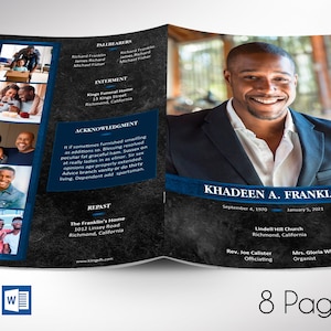 Blue Rock Funeral Program Template | Word Template, Publisher | Celebration of Life | 8 Pages | Bifold to 5.5x8.5 inches