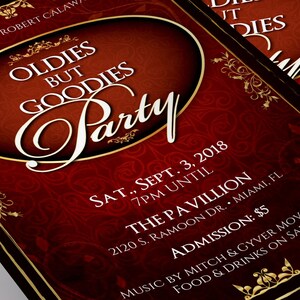 Oldies Party Flyer Template for templett.com is an editable flyer that has a rustic background with gold decals and gorgeous script text. The size is 4x6 inches and it can be used for any birthday party or event that needs a vintage appeal.