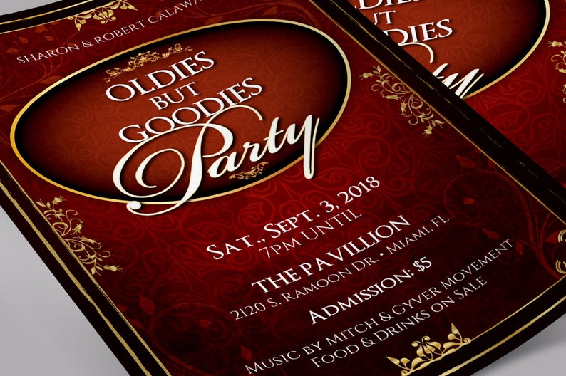 Oldies Party Flyer Template for templett.com is an editable flyer that has a rustic background with gold decals and gorgeous script text. The size is 4x6 inches and it can be used for any birthday party or event that needs a vintage appeal.