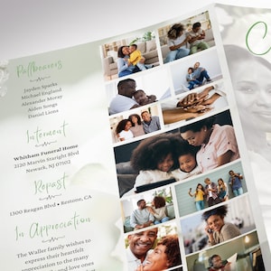 May include: A memorial program with a collage of family photos and text. The text includes "Celebration of Life", "Pallbearers", "Interment", "Repast", and "In Appreciation". The program has a soft green and white color scheme.