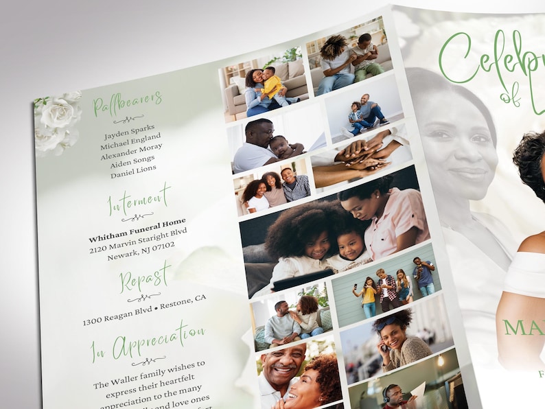 May include: A memorial program with a collage of family photos and text. The text includes "Celebration of Life", "Pallbearers", "Interment", "Repast", and "In Appreciation". The program has a soft green and white color scheme.