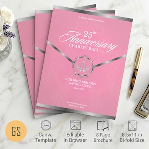 Pink & Silver Anniversary Gala Program Template: 8-Page Canva Design (Canva, 11x17" Digital Download)