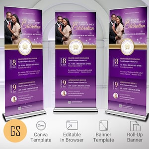 Purple and Gold Church Anniversary Banner Template (Canva, Digital Download)