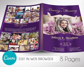 Loving Funeral Program Template, Canva Template V1 - Purple and Gold, Celebration of Life, Obituary, 8 Pages, 5.5x8.5 in