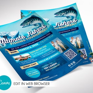 Fishing Tournament Flyer Template, Canva Template Fishing Flyer, Blue Oceanic Invitation 5 backgrounds 8.5x11 in image 1