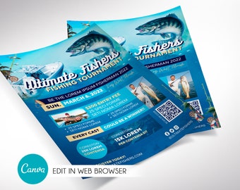 Fishing Tournament Flyer Template, Canva Template | Fishing Flyer, Blue Oceanic Invitation | 5 backgrounds | 8.5x11 in