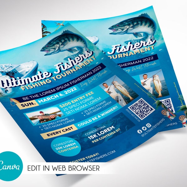 Fishing Tournament Flyer Template, Canva Template | Fishing Flyer, Blue Oceanic Invitation | 5 backgrounds | 8.5x11 in