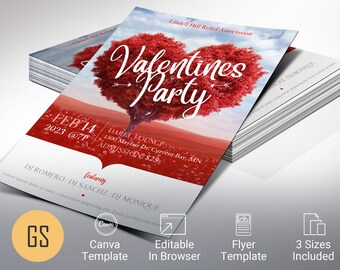 Heart Valentines Day Event Flyer Template for Canva | Invitation Card | Party Invitation, Social Media Flyer | Size 4x6 inches
