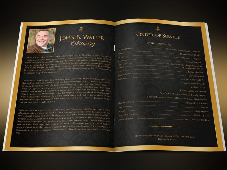 Black Gold Dignity Funeral Program Template, Word Template, Publisher, Celebration of Life, 8 Pages 5.5x8.5 inches image 8