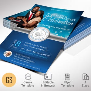 Modèle de Flyer d&#39;anniversaire de pasteur bleu argent : faire-part à un banquet d&#39;église (toile)