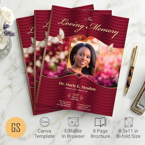 Burgundy & Gold Waves Funeral Program Template | Canva: 8 Page Bifold Obituary (8.5x11) Digital Download