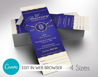 Violet Gold Anniversary Gala Ticket Template, Canva Template, Banquet Ticket, Fundraiser Event, Editable Colors, 4 Sizes