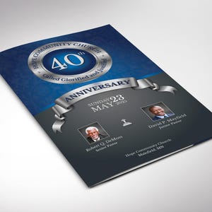 May include: A blue and silver program for the 40th anniversary of Hope Community Church. The program is for Sunday, May 23, 2025. It features photos of the senior pastor, Robert Q. DeMoss, and the junior pastor, David P. Mayfield.
