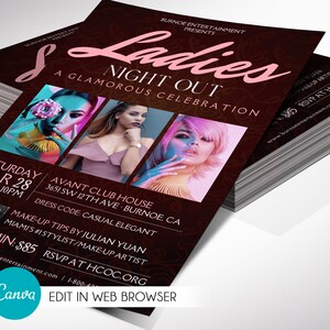 Może przedstawiać: Ulotka na imprezę "Ladies Night Out" w Avant Club House w Burnoe, CA. Ulotka przedstawia ciemnoczerwone tło z kwiatowym wzorem i trzy zdjęcia kobiet z kolorowym makijażem. Impreza odbędzie się w sobotę, 28 marca, od 18:00 do 22:00. Kod ubioru to elegancki casual. Porady makijażowe od Juliana Yuana, najlepszego stylisty/wizysta w Miami. Admin: 85 $. RSVP na HOOC.ORG.