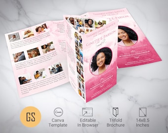 Pink Sky Funeral Program Template: 14x8.5 Legal Trifold Obituary for Canva (Digital Download)