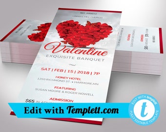 Petals Valentines Day Banquet Ticket Template for Templett | Size 3x7 inches