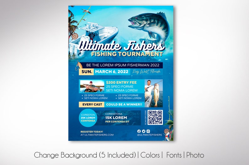 Fishing Tournament Flyer Template, Canva Template Fishing Flyer, Blue Oceanic Invitation 5 backgrounds 8.5x11 in image 3