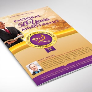 May include: A purple and gold church program announcing a 50-year pastoral anniversary. The program features a photo of a man in a suit and tie holding a Bible. The text reads "Hope Community Church, Pastoral 50 Years Anniversary, Fulfilling God's Commission, September 15-21, Guest Preacher Rev. Simon Parshalt, Senior Pastor of Mayfield Baptist Church."