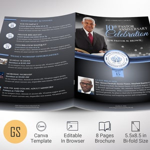 Pastor Anniversary Program Template: Blue & Black Church Celebration (Canva, 5.5x8.5 in, Digital Download)