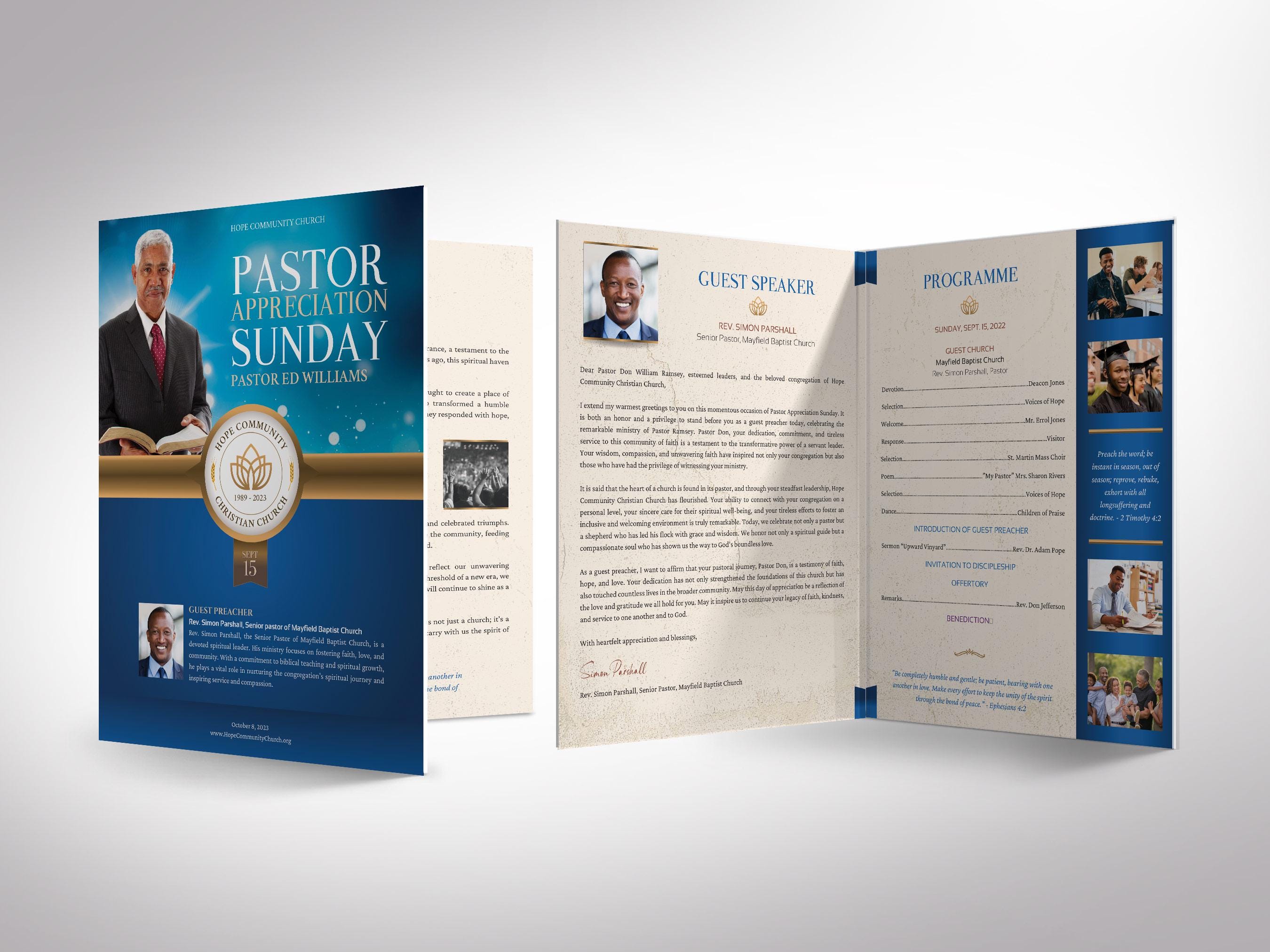Pastor Appreciation Program Template for Canva: Blue & Gold 8-page ...