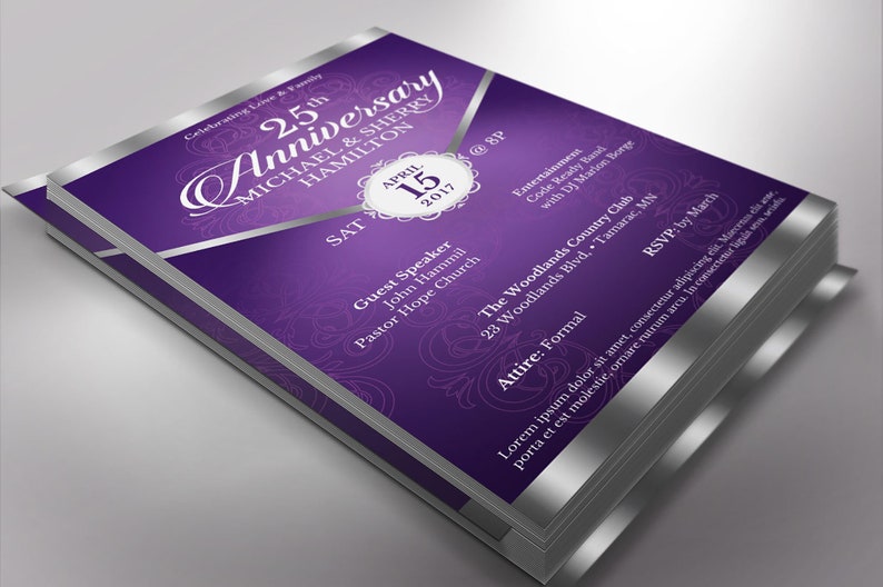 Purple Silver Anniversary Flyer Template - Word and Publisher is 5.5x8.5 inches. The Banquet Invitation is created with a deep lavender background and highlighted with silver. Great for church anniversaries, wedding anniversaries, pastor appreciation