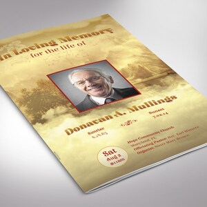 Könnte beinhalten: Ein Trauerprogramm für Donavan A. Mullings. Das Programm zeigt ein Foto von Donavan, einen Sonnenuntergangs-Hintergrund und den Text "In liebevoller Erinnerung an das Leben von Donavan A. Mullings". Das Programm enthält auch die Daten seiner Geburt und seines Todes, den Namen der Kirche, in der der Gottesdienst stattfinden wird, sowie Datum und Uhrzeit des Gottesdienstes.