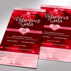 Red Hearts Valentines Day Gala Ticket Template for Templett dot com is size 3x7 inches. It features red heart background sprinkled with pink for Valentine's Day fundraising events. Perfect for churches and non-profit organizations.