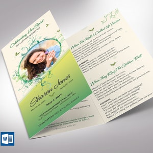 Green Princess Trifold Funeral Program Template Word Template, Publisher Green Beige, Celebration of Life, Memorial Service 11x8.5 in image 1