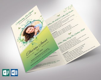 Green Princess Trifold Funeral Program Template | Word Template, Publisher | Green Beige, Celebration of Life, Memorial Service | 11x8.5 in