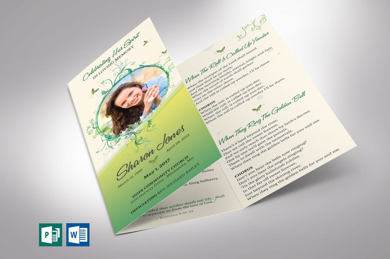 Green Princess Trifold Funeral Program Template Word Template, Publisher Green Beige, Celebration of Life, Memorial Service 11x8.5 in image 1
