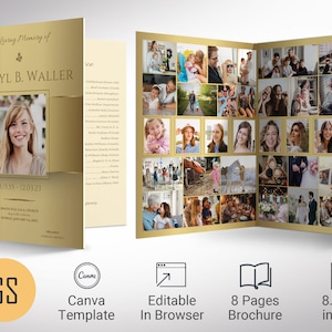 Gold Funeral Program Template: Celebration of Life, Obituary (Canva, 8 Pages)
