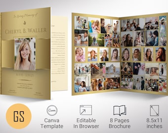 Gold Tabloid Funeral Program Template for Canva | Bi-fold Brochure for Celebration of Life | 8 Pages | 11x17 inches